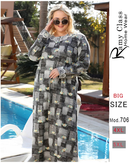 Woman wearing a checkered dress by a pool with 'Ramy Class Home Wear' branding.