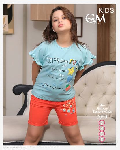 طقم بناتي صيفي تيشيرت قطن + شورت جبردين عملي | GM Kids موديل 7080
