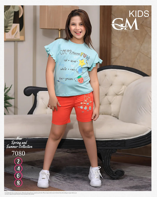 طقم بناتي صيفي تيشيرت قطن + شورت جبردين عملي | GM Kids موديل 7080