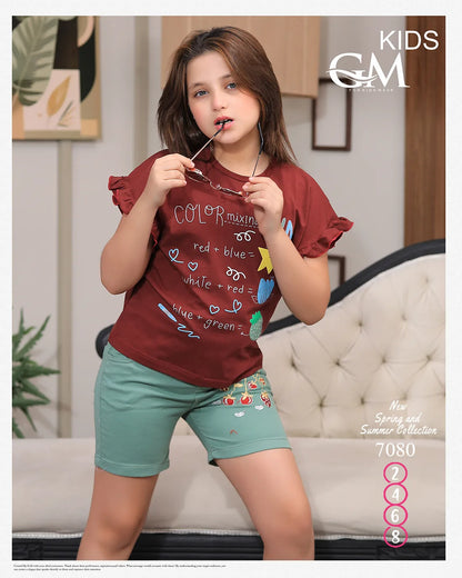 طقم بناتي صيفي تيشيرت قطن + شورت جبردين عملي | GM Kids موديل 7080