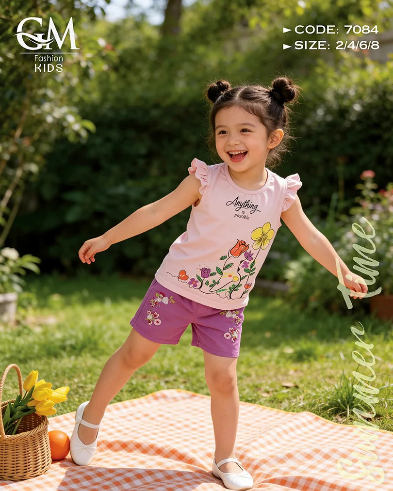 طقم بناتي صيفي تيشيرت بطبعة ورد + شورت | GM Kids كود 7084
