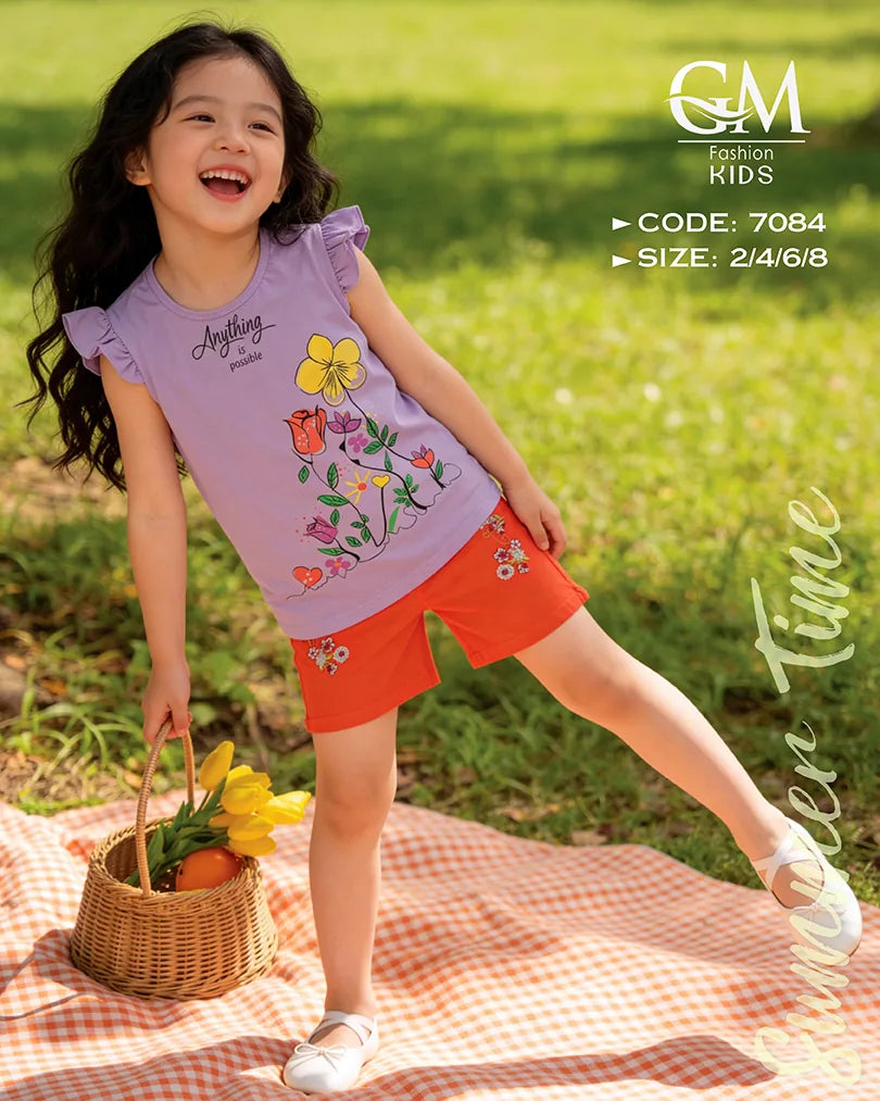 طقم بناتي صيفي تيشيرت بطبعة ورد + شورت | GM Kids كود 7084
