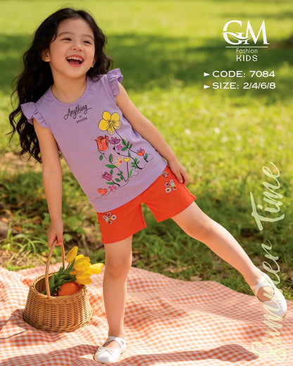 طقم بناتي صيفي تيشيرت بطبعة ورد + شورت | GM Kids كود 7084