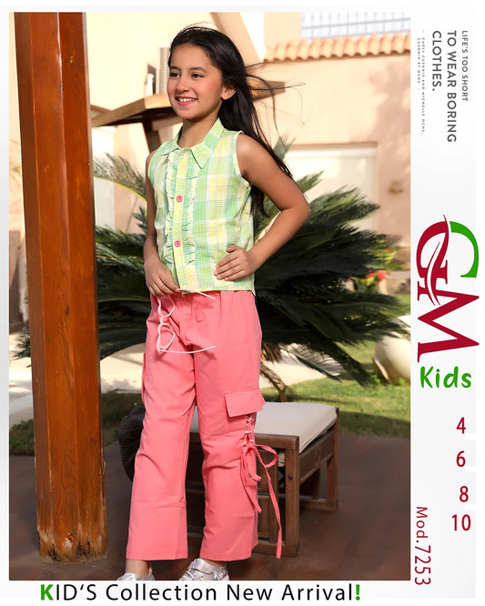 طقم بناتي صيفي قطعتين – موديل 7253 من GM Kids | قميص بدون أكمام + بنطلون كارغو