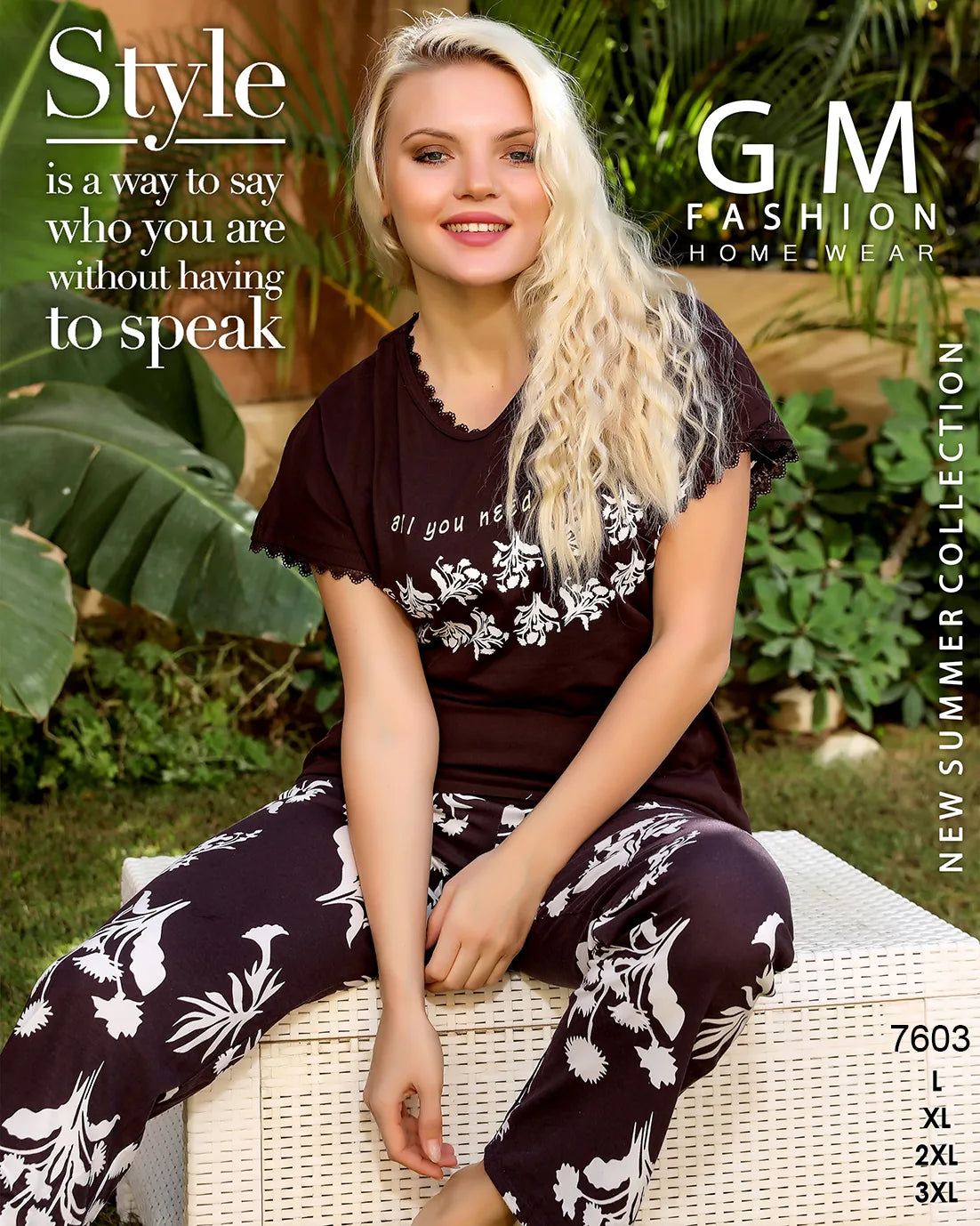 Woman wearing a floral outfit with 'GM Fashion Home Wear' branding and text on a nature-themed background.