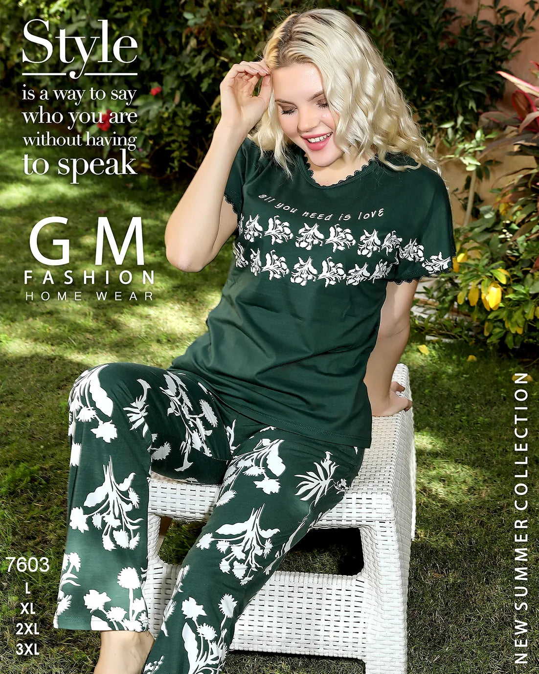 Woman wearing a green floral outfit with text about fashion and GM Fashion.
