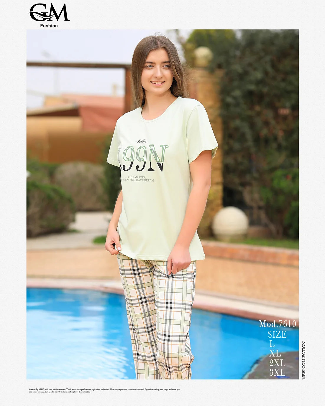 Woman wearing a light-colored t-shirt with text and plaid pants by a pool, with 'GM Fashion' branding.