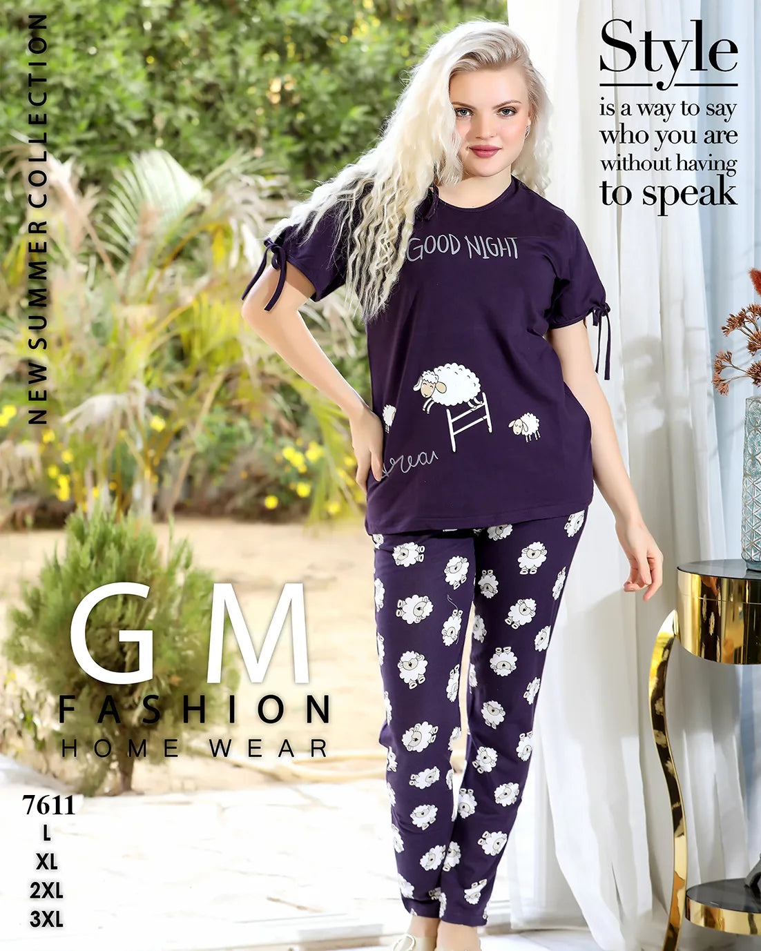 Woman wearing a purple 'Good Night' t-shirt and patterned pants with 'GM Fashion Home Wear' branding.