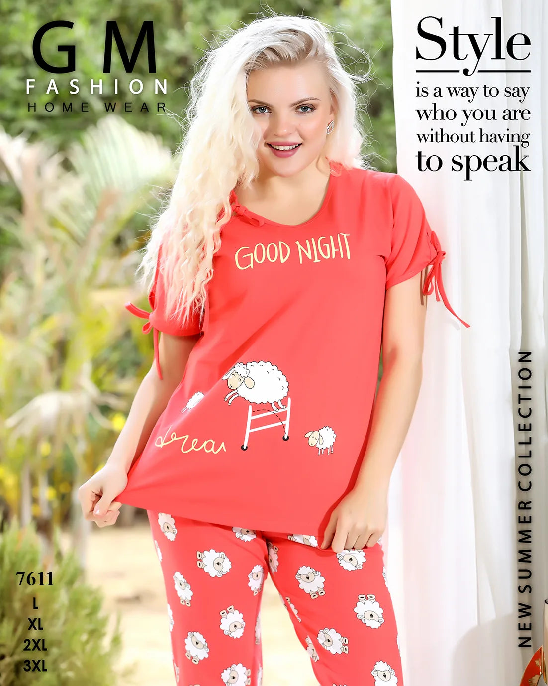 Woman wearing a red 'Good Night' t-shirt and floral pants with text about fashion and style.