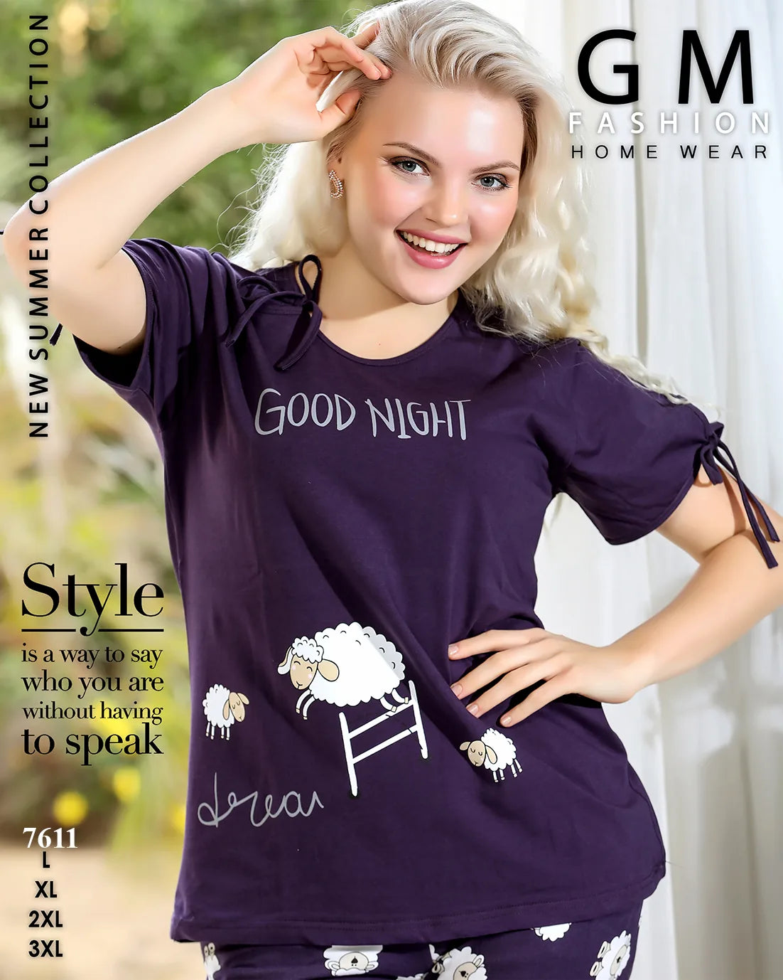 Woman wearing a purple 'Good Night' t-shirt with sheep designs, standing indoors.