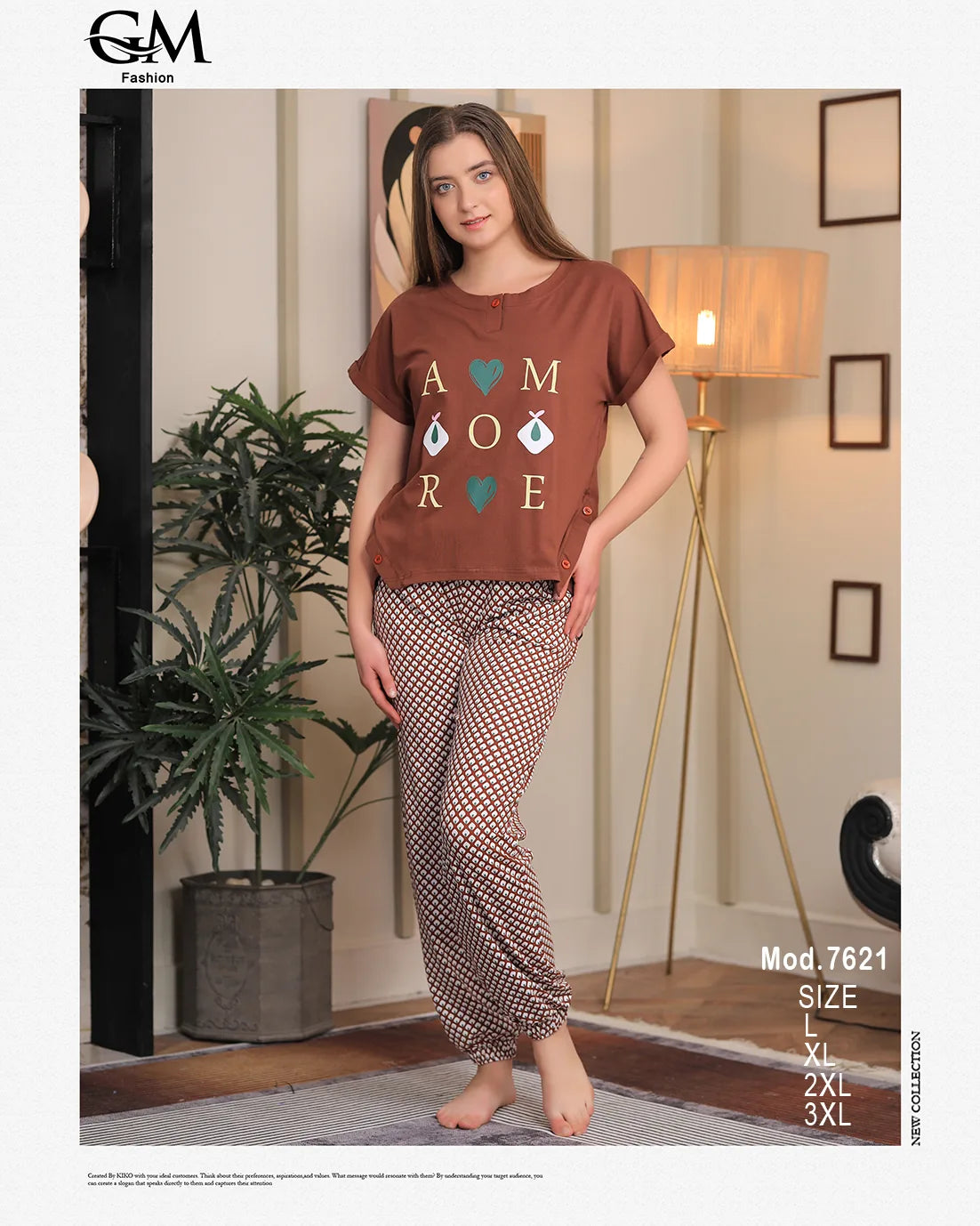 Woman wearing a brown t-shirt with text and checkered pants in a room setting.