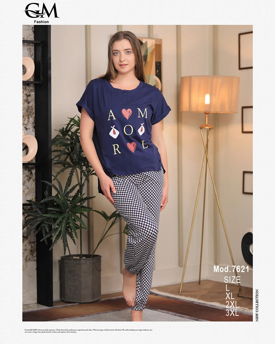 Woman wearing a navy blue t-shirt with text and checkered pants in a room setting.