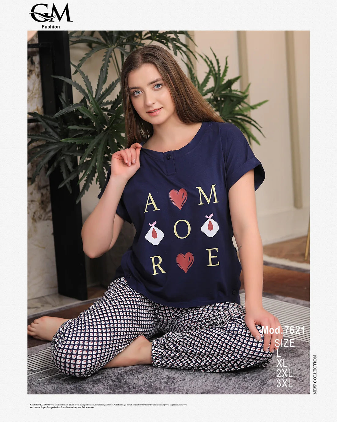 Woman wearing a navy blue t-shirt with 'AMORE' text and red hearts, sitting on a rug.