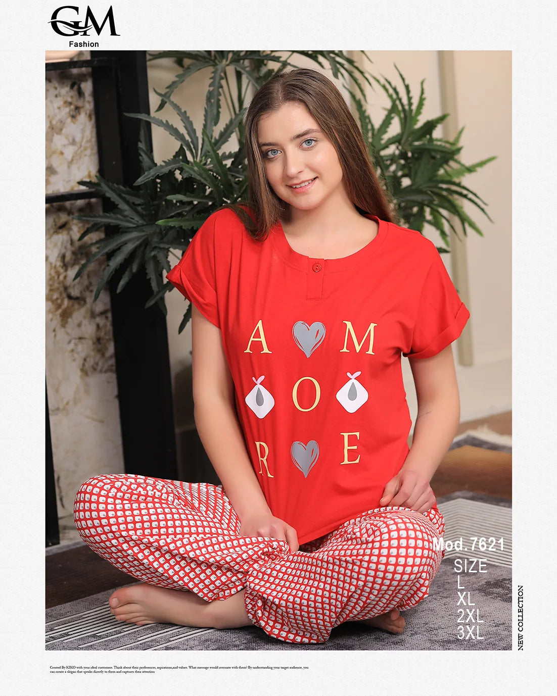 Woman wearing a red shirt with 'I love you' text and red checkered pants sitting on the floor.