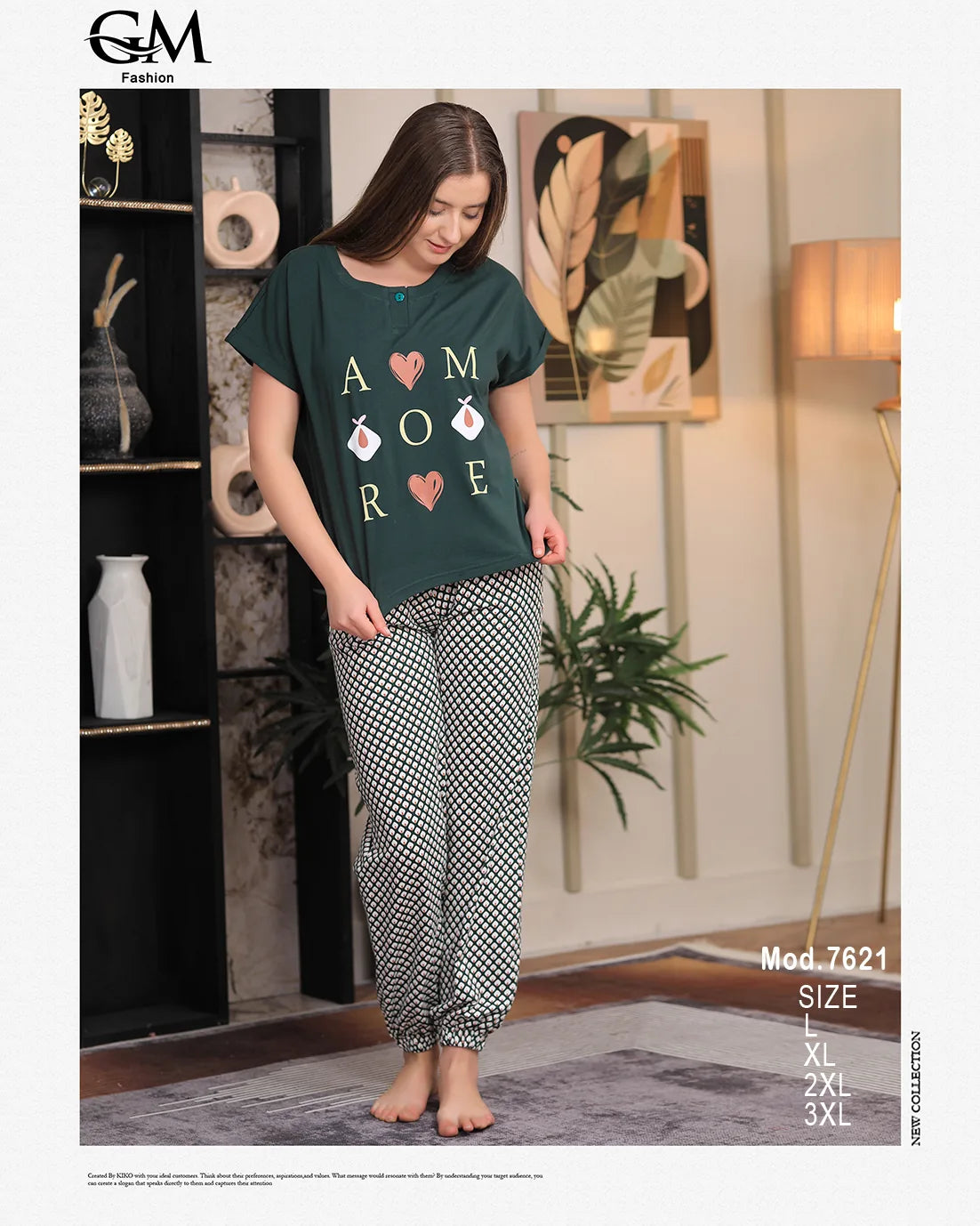 Woman wearing a green t-shirt with text and patterned pants in a room setting.