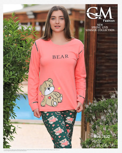 بيجامة قطن صيفية بطبعة دب – موديل 7632 من GM Fashion