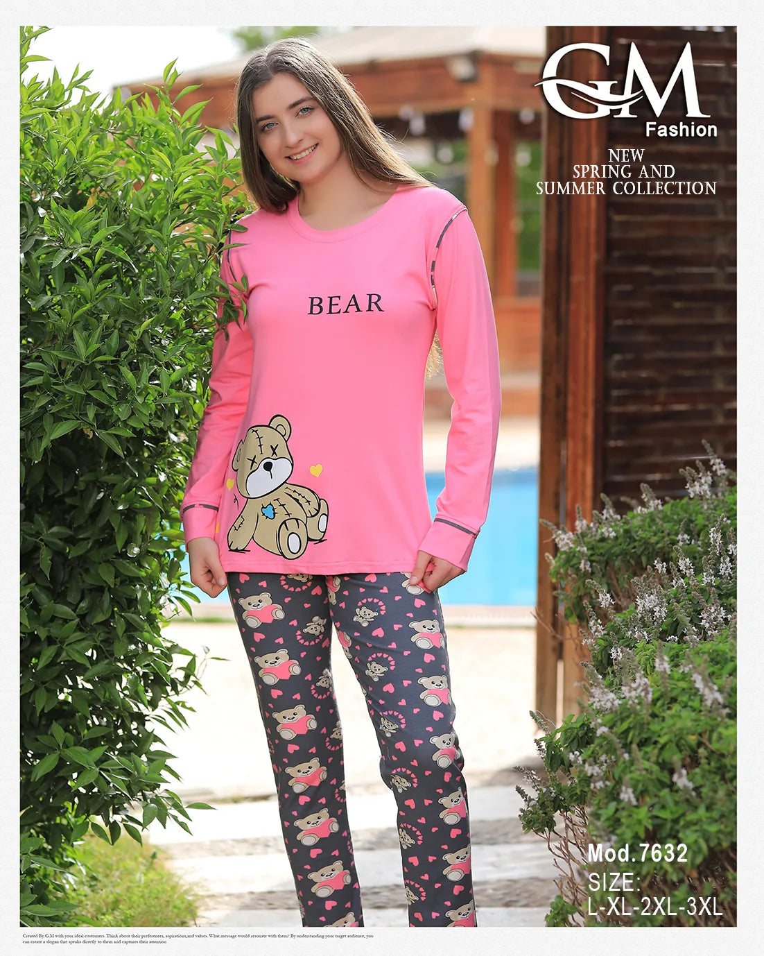 بيجامة قطن صيفية بطبعة دب – موديل 7632 من GM Fashion