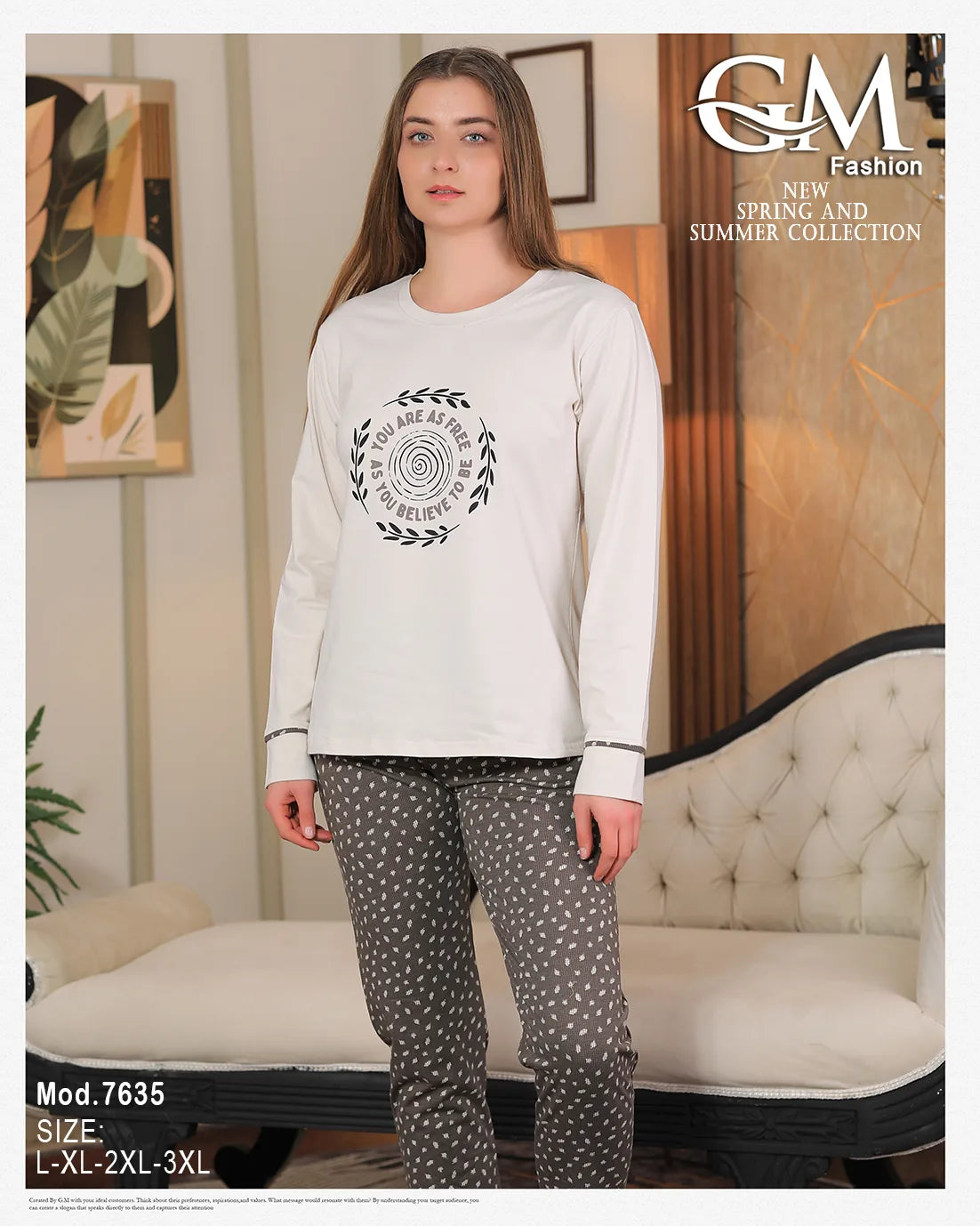 Woman wearing a white long-sleeve top and patterned pants with 'GM Fashion' branding.