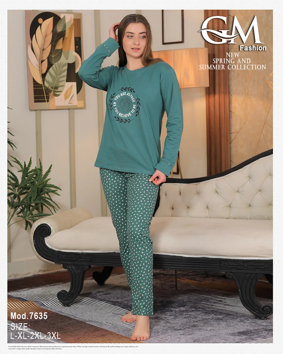 Woman wearing teal pajama set in a living room setting with 'GM Fashion' branding.
