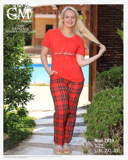 بيجامة صيفية نسائية قطن كاروهات – موديل GM 7639