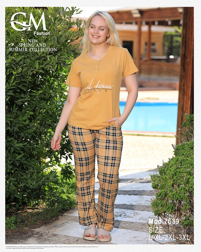 بيجامة صيفية نسائية قطن كاروهات – موديل GM 7639