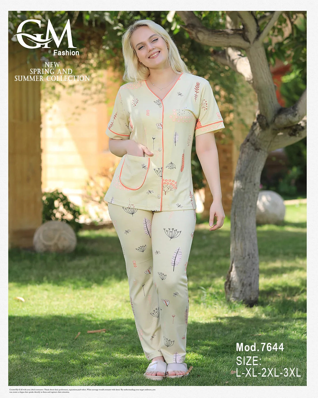 Woman wearing a light-colored pajama set with floral patterns outdoors, with 'G&G Fashion' branding.