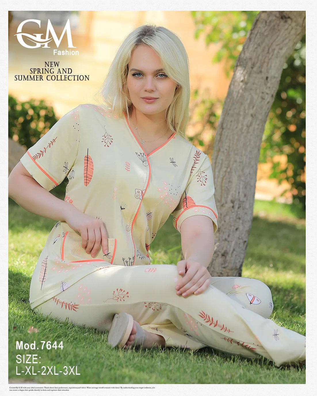 Woman wearing a cream-colored outfit with floral patterns sitting on grass, with 'GM Fashion' branding.