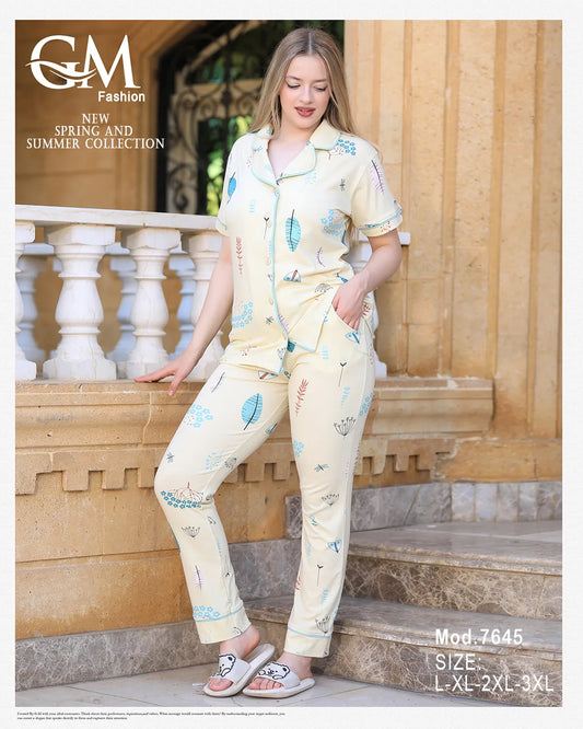 بيجامة نسائية صيفية قطنية بأزرار أمامية – موديل GM 7645