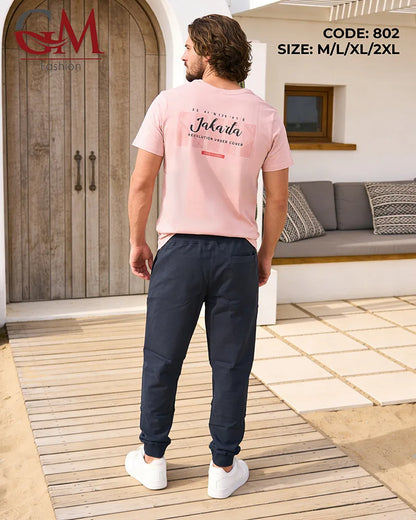 طقم رجالي صيفي تيشيرت بطبعة Jakarta + بنطلون كاجوال | GM Fashion كود 802