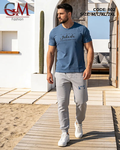 طقم رجالي صيفي تيشيرت بطبعة Jakarta + بنطلون كاجوال | GM Fashion كود 802
