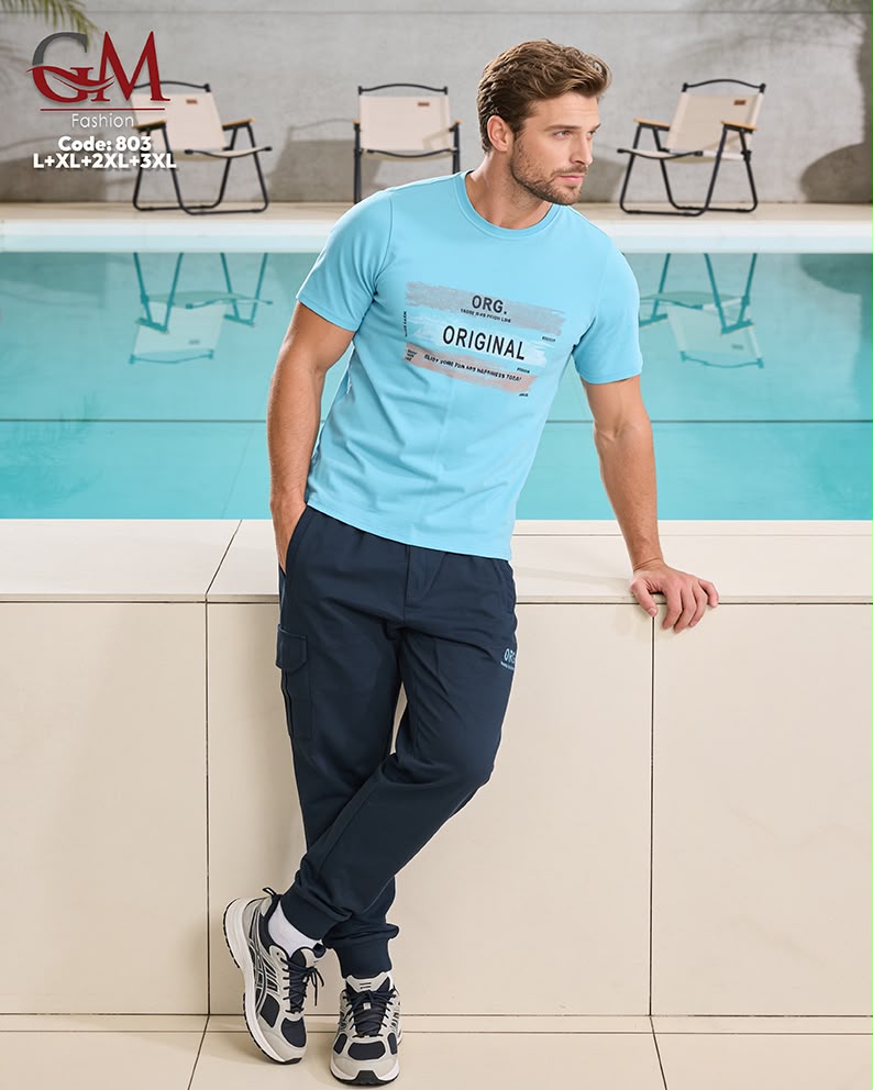 طقم رجالي تيشيرت قطن وبنطلون كاجوال مريح – GM Fashion موديل 803