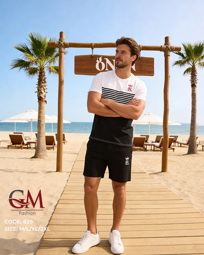 طقم رجالي صيفي تيشيرت قطن وشورت كاجوال – GM Fashion موديل 829