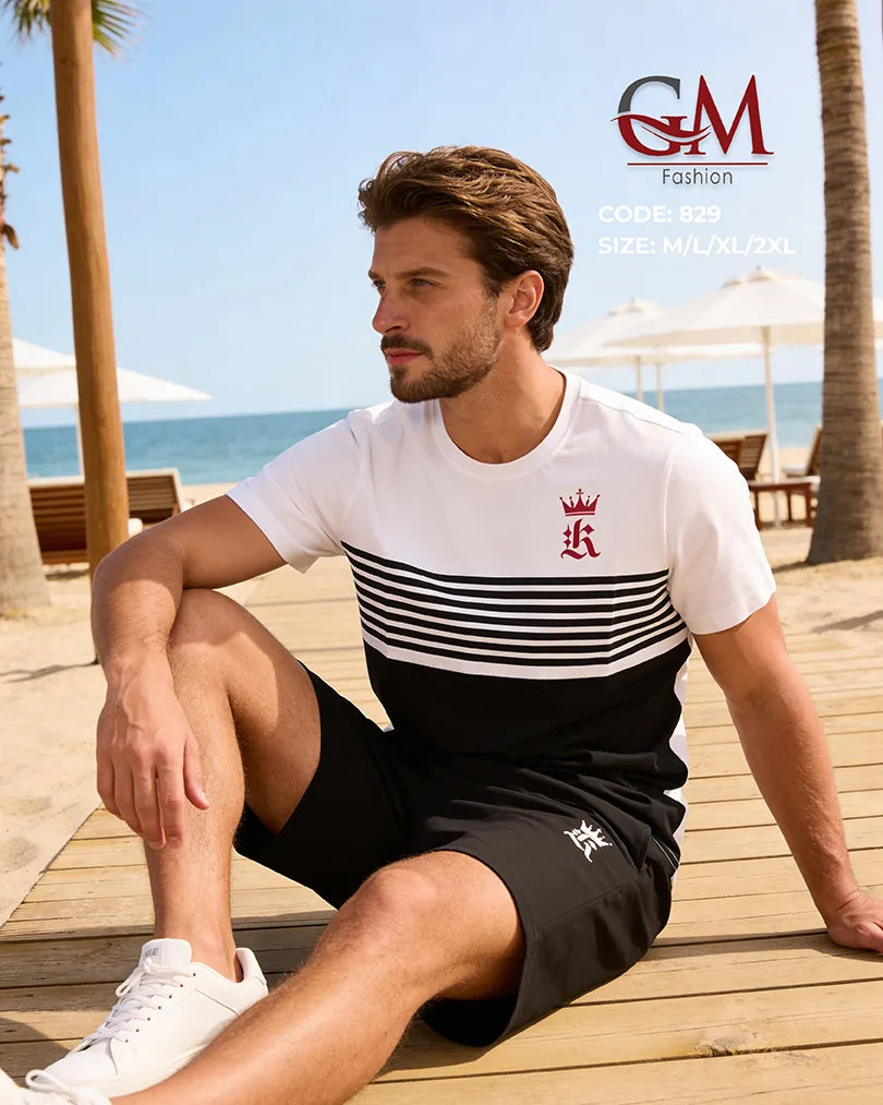 طقم رجالي صيفي تيشيرت قطن وشورت كاجوال – GM Fashion موديل 829