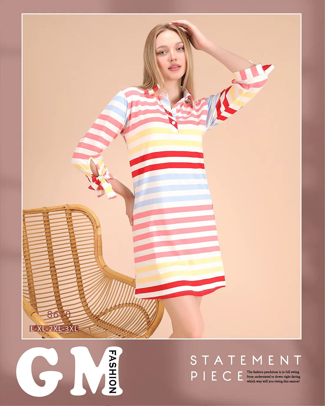 Woman wearing a colorful striped dress with 'GM Fashion' branding on a beige background
