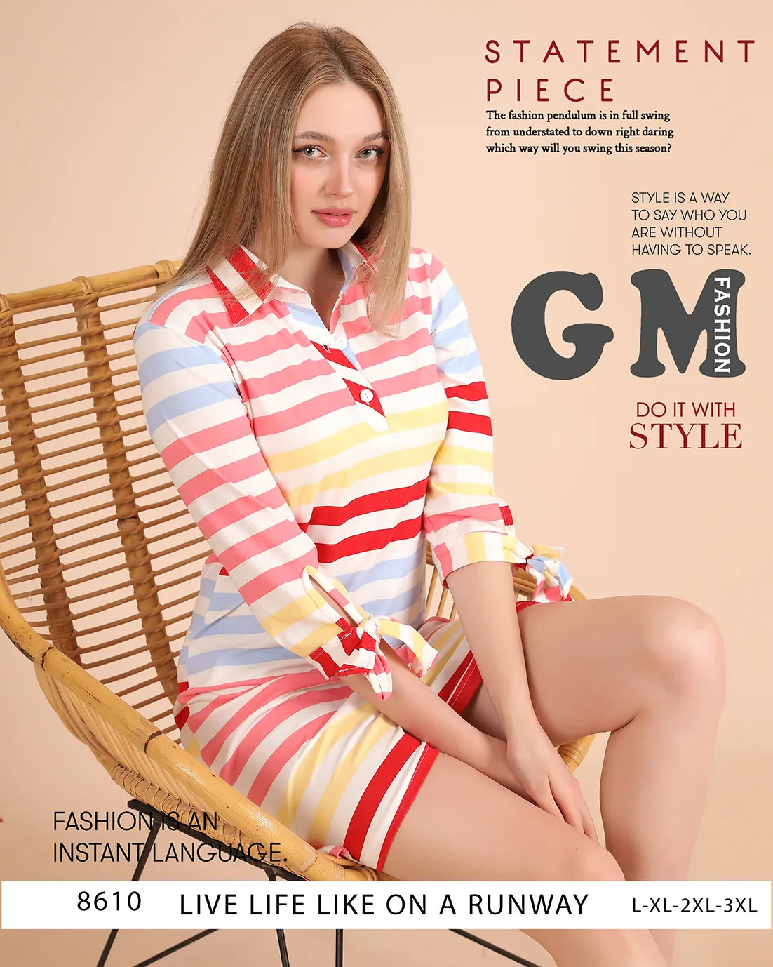Woman wearing a colorful striped dress sitting on a wicker chair with promotional text about fashion and style.