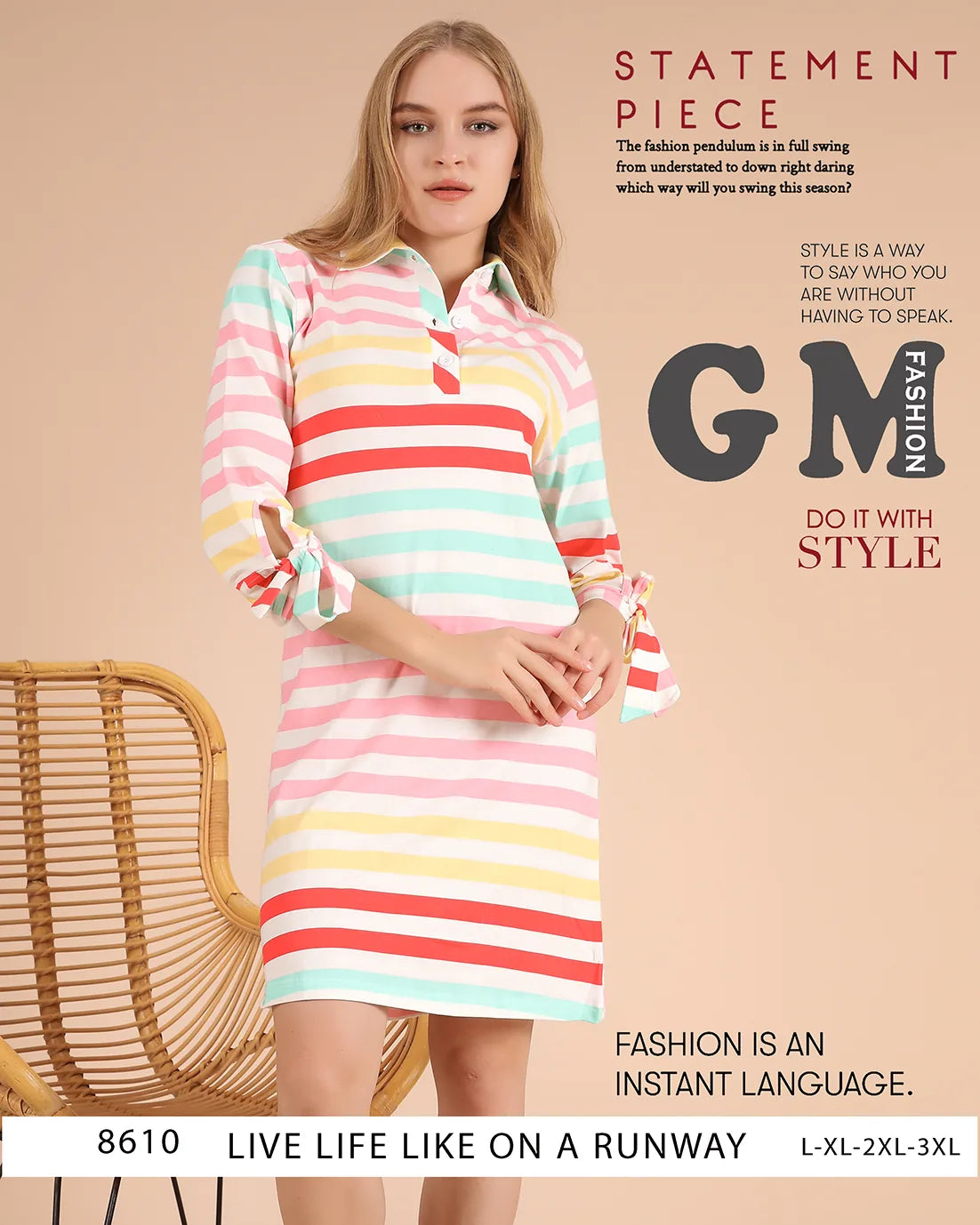 Woman wearing a colorful striped dress with text about fashion on a beige background