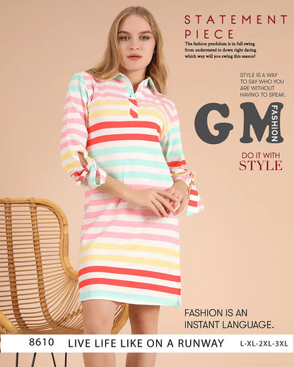 Woman wearing a colorful striped dress with text about fashion on a beige background