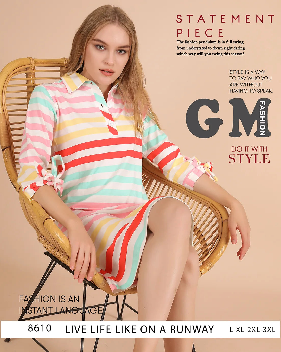 Woman wearing a colorful striped dress sitting on a wicker chair with 'GM Fashion' branding.