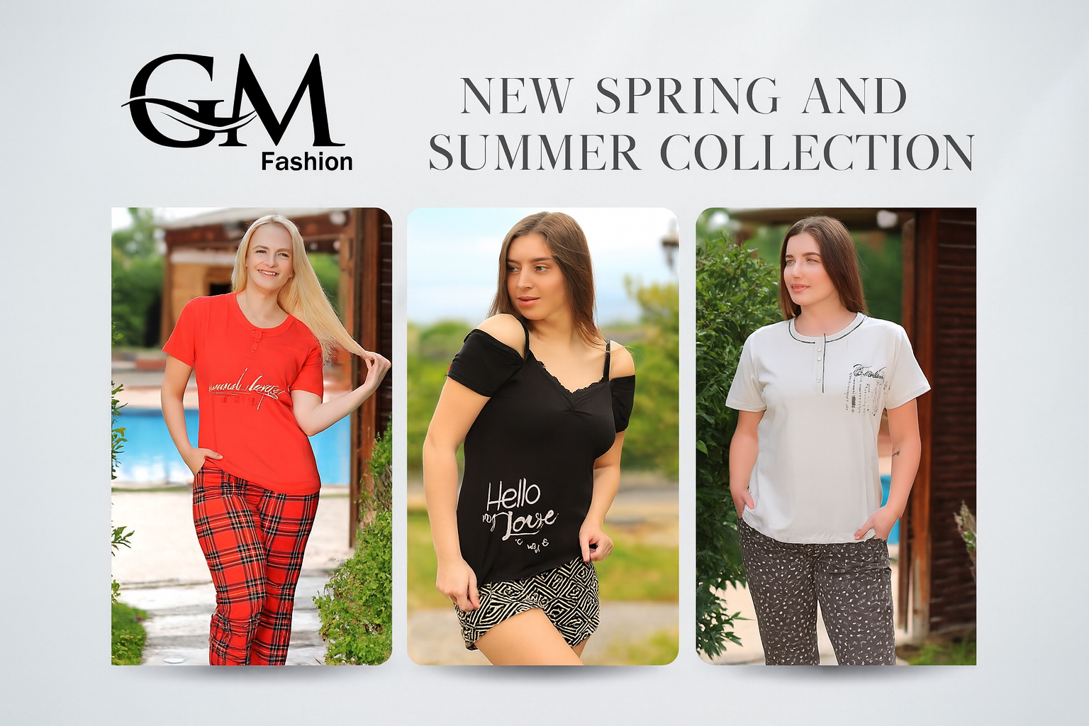 Three women modeling clothing from a new spring and summer collection with 'GM Fashion' branding.