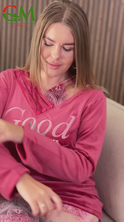 بيجامة قطيفة مبطنة حريمي GM Fashion | موديل 10429 طقم استقبال شتوي للعروس