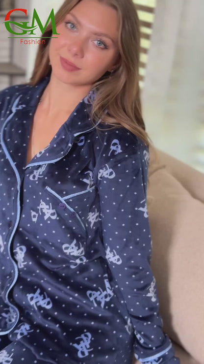 بيجامة قطيفة حريمي كلاسيك GM Fashion | موديل 10416 طقم استقبال شتوي بأزرار