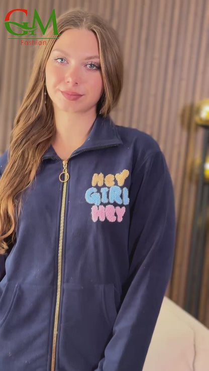 بيجامة حريمي قطيفة مطرزة GM Fashion | موديل 10421 بجاكيت شتوي وسوستة